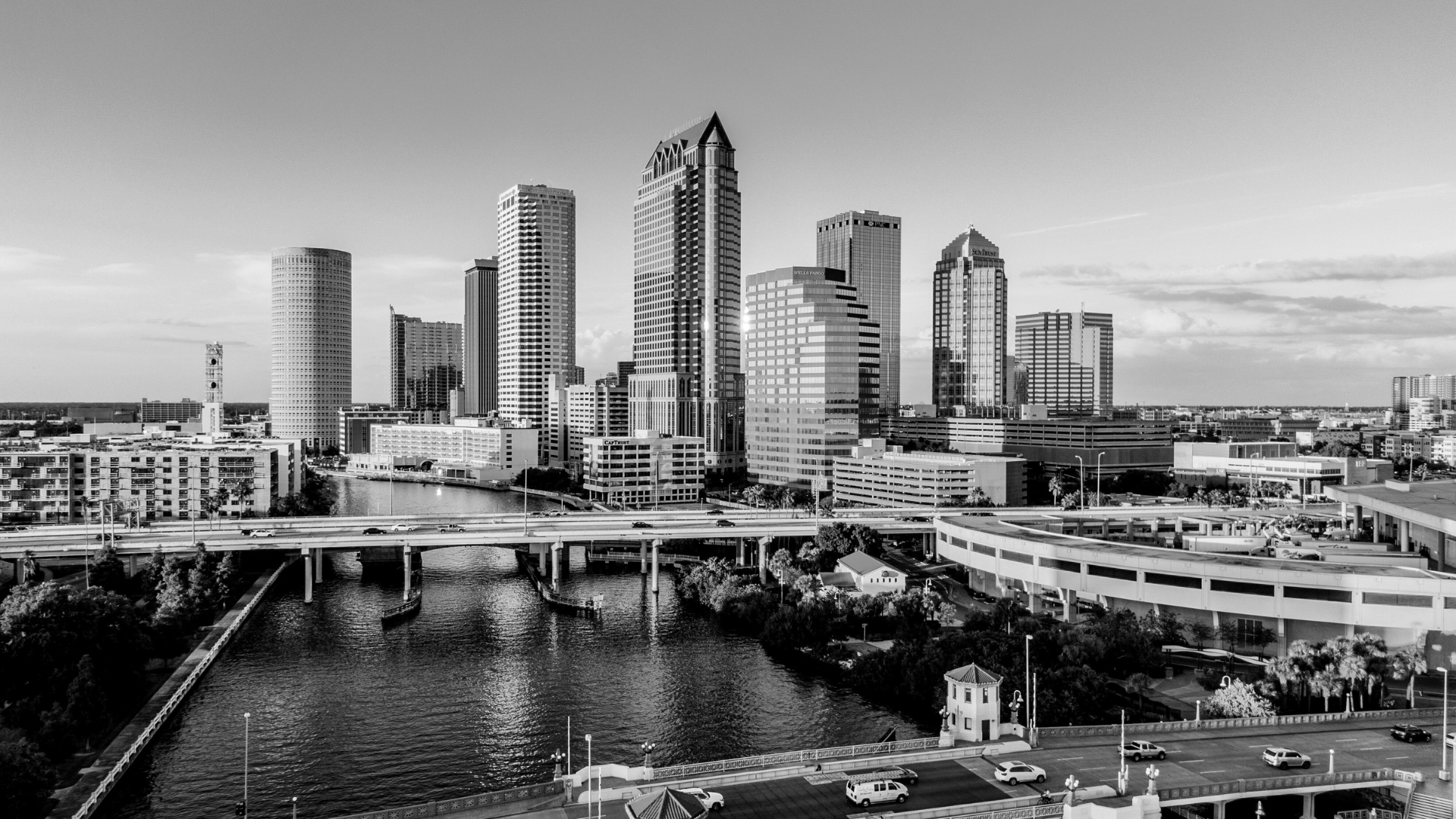 Black and white skyline of downtown Tampa Bay.
